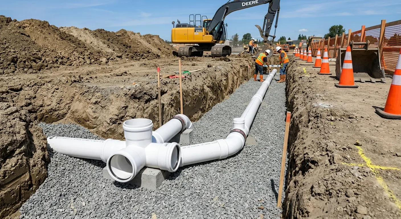 New PVC sewer pipe installation in open trench for Sewer Backup in Pahokee