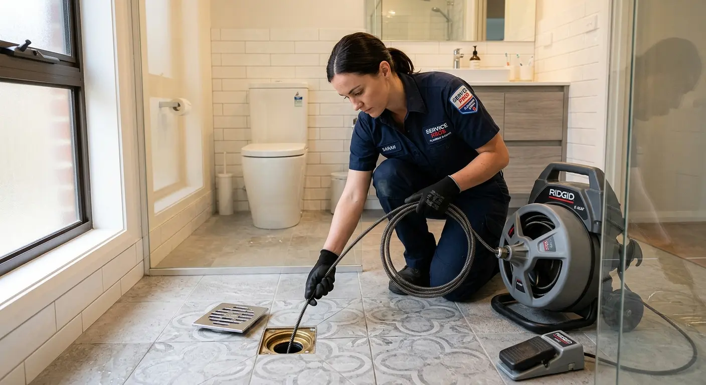 Technician clearing a bathroom floor drain for Drain Cleaning in Pahokee